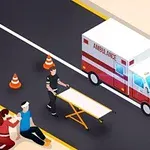 Ambulanssi ja ensihoitaja kadulla potilaan kanssa, tarkkailemassa tilannetta ja valmistautumassa nostamaan potilaan paareille