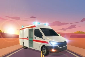 Ambulanssi ajossa tiellä, auringonlasku taustalla