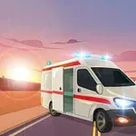 Ambulanssi ajossa tiellä, auringonlasku taustalla