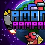 Kolme piirrettyä hahmoa ja lentävä lintu värikkäässä avaruusympäristössä, jossa on teksti Among Rampage planeetan taustalla