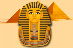 Muinaisegyptiläinen faaraon naamio ja kaksi pyramidia taustalla