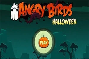 Halloween-teemainen aloitusnäyttö, jossa on keskiöllä kurpitsakuvake ja sanoja Angry Birds Halloween yläpuolella, taustalla siluettipuita yössä
