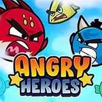 Punainen ja sininen vihainen lintu lentävät kohti toisiaan sinisellä taustalla otsikon Angry Heroes yläpuolella