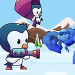 Kaksi sarjakuvamaista pingviiniä kohtaavat sinisen jääolennon lumisessa vuoristomaisemassa