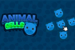 Sinisellä taustalla on neonvärinen teksti ANIMAL CELLS ja useita sinisiä pyöreitä kuvioita, joissa on sikaeläimen kasvot sekä tietokoneen osoitin
