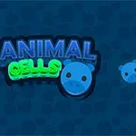 Sinisellä taustalla on neonvärinen teksti ANIMAL CELLS ja useita sinisiä pyöreitä kuvioita, joissa on sikaeläimen kasvot sekä tietokoneen osoitin