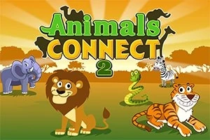 Sarjakuvatyylinen kuva, jossa on elefantti, leijona, käärme, seepra ja tiikeri vihreällä niityllä auringonnousun taustalla, sekä teksti Animals Connect 2