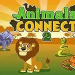 Sarjakuvatyylinen kuva, jossa on elefantti, leijona, käärme, seepra ja tiikeri vihreällä niityllä auringonnousun taustalla, sekä teksti Animals Connect 2