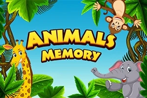 Kirahvi, norsu ja apina kurkistavat viidakon lehtien keskeltä sinisellä taustalla, jossa on teksti Animals Memory