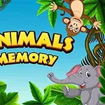 Kirahvi, norsu ja apina kurkistavat viidakon lehtien keskeltä sinisellä taustalla, jossa on teksti Animals Memory