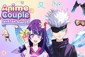 Pastellinsävyinen animekuvitus, jossa teksti Anime Couple Avatar Maker sekä violettihiuksinen tyttö ja valkotukkainen silmälappuinen poika, ympärillä sydämiä ja pieniä koristekuvia