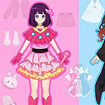 Kaksi sarjakuvamaista tyttöä pukeutuneina erilaisiin asuihin vaaleanpunaisella ja sinisellä taustalla