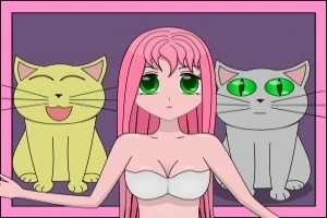 Vaaleanpunatukkainen anime-tyttö vihreillä silmillä seisoo kahden piirretyn kissan edessä, joista toinen on keltainen ja toinen harmaa