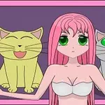 Vaaleanpunatukkainen anime-tyttö vihreillä silmillä seisoo kahden piirretyn kissan edessä, joista toinen on keltainen ja toinen harmaa