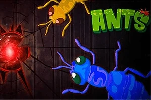 Kuvassa on värikäs sininen ja keltainen muurahainen mustalla taustalla ja vihreä teksti ANTS oikeassa yläkulmassa