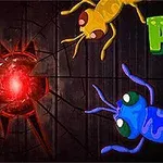 Kuvassa on värikäs sininen ja keltainen muurahainen mustalla taustalla ja vihreä teksti ANTS oikeassa yläkulmassa