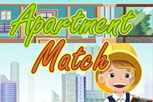 Sarjakuvamainen kuva, jossa on hymyilevä poika keltaisessa rakennuskypärässä sekä värikkäät tekstit Apartment Match kaupunkimaiseman taustalla