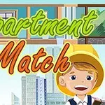 Sarjakuvamainen kuva, jossa on hymyilevä poika keltaisessa rakennuskypärässä sekä värikkäät tekstit Apartment Match kaupunkimaiseman taustalla