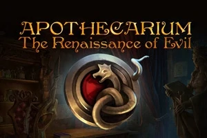 Tekstillä APOTHECARIUM: The Renaissance of Evil varustettu kuva, jossa keskellä on käärme pyöreän symbolin ympärillä hämärästi valaistussa huoneessa
