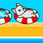 Kaksi sarjakuvamaista koiraa kelluu punavalkoisilla uimarenkailla sinisellä vedellä