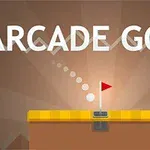 Tekstissä lukee ARCADE GOLF, ja se on kuvitettu golfpallon lentoradalla ja lipulla varustetulla viheriöllä