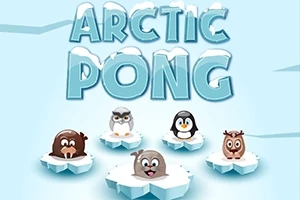 Tekstissä lukee ARCTIC PONG, ja sen alla on viisi eläinhahmoa jäälautalla: majava, pöllö, pingviini, hylje ja poro