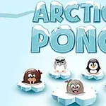 Tekstissä lukee ARCTIC PONG, ja sen alla on viisi eläinhahmoa jäälautalla: majava, pöllö, pingviini, hylje ja poro