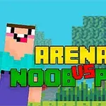 Pikselöity hahmo hymyilemässä kirkkaassa ympäristössä, tekstillä Arena: Noob VS Pro etualalla