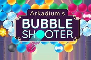 Kirkkaita värikkäitä palloja ja keskellä teksti Arkadiums Bubble Shooter