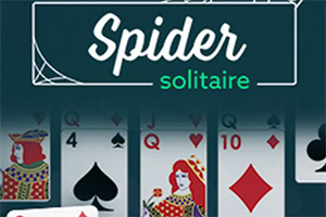 Korttipelipöytä, jossa näkyy pelikortteja, kuten patajätkä, ruutukuningatar ja herttanumerokortteja, sekä otsikko Spider Solitaire