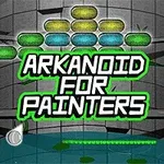 Taustalla näkyy harmaa seinä, värikkäitä tiilikuvioita ja teksti Arkanoid for Painters keskellä