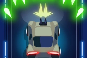 Auto, jossa on katolla ase, ampuu vihreitä valoja pimeällä tiellä