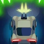 Auto, jossa on katolla ase, ampuu vihreitä valoja pimeällä tiellä