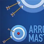 Sinisellä taustalla iso ja pieni maalitaulu, johon on ammuttu useita nuolia, ja teksti Arrow Master