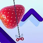 Punainen mansikka roikkuu katkoviivalla kohti saksia taustalla violetin nuolikuvion päällä