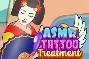 Piirroskuva naisesta perinteisessä asussa, pitämässä sinistä viuhkaa, sekä värikkäät otsikot ASMR ja Tattoo Treatment