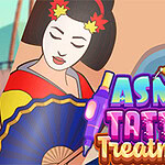 Piirroskuva naisesta perinteisessä asussa, pitämässä sinistä viuhkaa, sekä värikkäät otsikot ASMR ja Tattoo Treatment