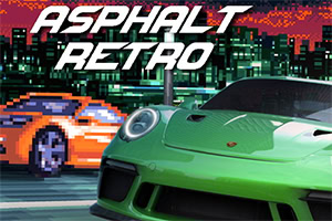 Vihreä urheiluauto kaupunkimaisemassa, taustalla pikselöity oranssi auto ja teksti Asphalt Retro