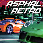Vihreä urheiluauto kaupunkimaisemassa, taustalla pikselöity oranssi auto ja teksti Asphalt Retro