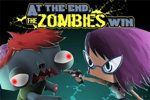 Sarjakuvamainen kuva, jossa nainen tähtää pistoolilla zombiksi pukeutunutta hahmoa vasten mustaa taustaa, otsikolla At The End, The Zombies Win