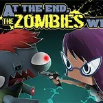 Sarjakuvamainen kuva, jossa nainen tähtää pistoolilla zombiksi pukeutunutta hahmoa vasten mustaa taustaa, otsikolla At The End, The Zombies Win