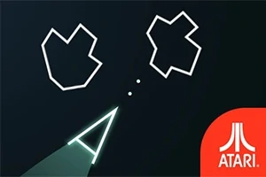 Kolmion muotoinen avaruusalus ampuu viivoista koostuvia asteroideja tummalla taustalla, ja oikeassa alakulmassa näkyy Atari-logo