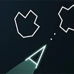 Kolmion muotoinen avaruusalus ampuu viivoista koostuvia asteroideja tummalla taustalla, ja oikeassa alakulmassa näkyy Atari-logo