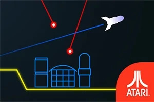 Sinisellä ja punaisella viivalla piirretty lentokone, joka lentää laserviivojen yläpuolella, taustalla musta pohja ja etualalla Atari-logo