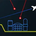 Sinisellä ja punaisella viivalla piirretty lentokone, joka lentää laserviivojen yläpuolella, taustalla musta pohja ja etualalla Atari-logo