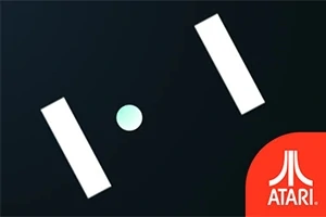 Kuvassa on musta tausta, valkoinen pallo ja kaksi pystysuoraa valkoista palkkia vastakkaisilla puolilla, alaoikealla punainen Atari-logo