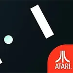 Kuvassa on musta tausta, valkoinen pallo ja kaksi pystysuoraa valkoista palkkia vastakkaisilla puolilla, alaoikealla punainen Atari-logo