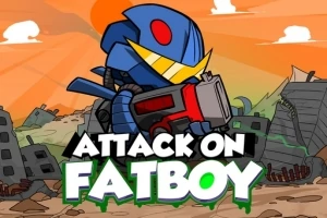 Sini-keltainen robotti pitää suurta asetta raunioituneessa kaupunkimaisemassa oranssin taivaan alla, päällä teksti Attack on Fatboy