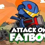 Sini-keltainen robotti pitää suurta asetta raunioituneessa kaupunkimaisemassa oranssin taivaan alla, päällä teksti Attack on Fatboy
