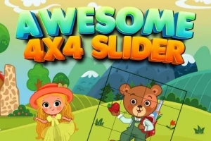 Piirroskuva, jossa tyttö ja nallepuvussa oleva hahmo seisovat vihreässä maisemassa vuorten edessä, ja yläpuolella on teksti Awesome 4x4 Slider